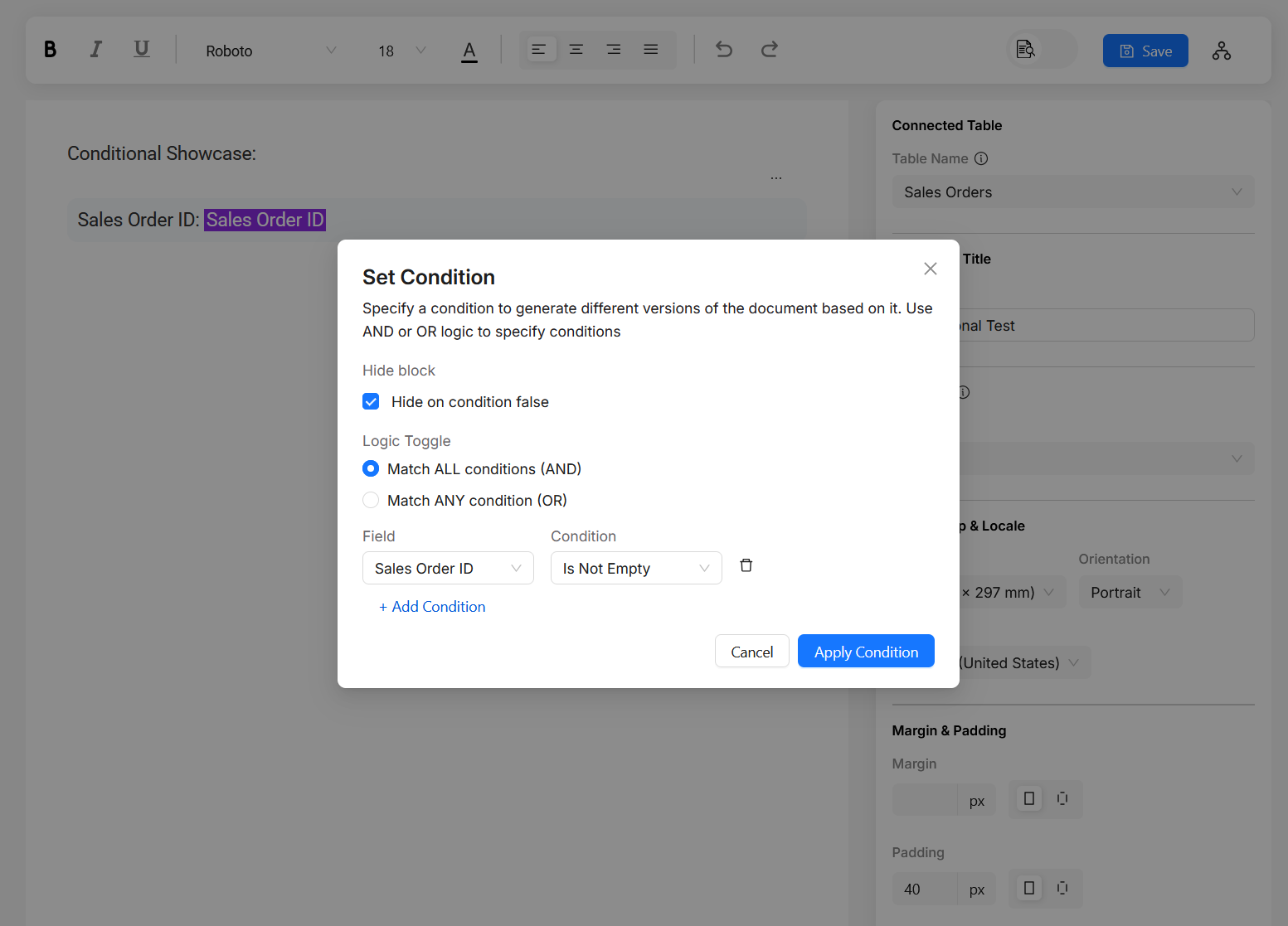 hide conditional block setting