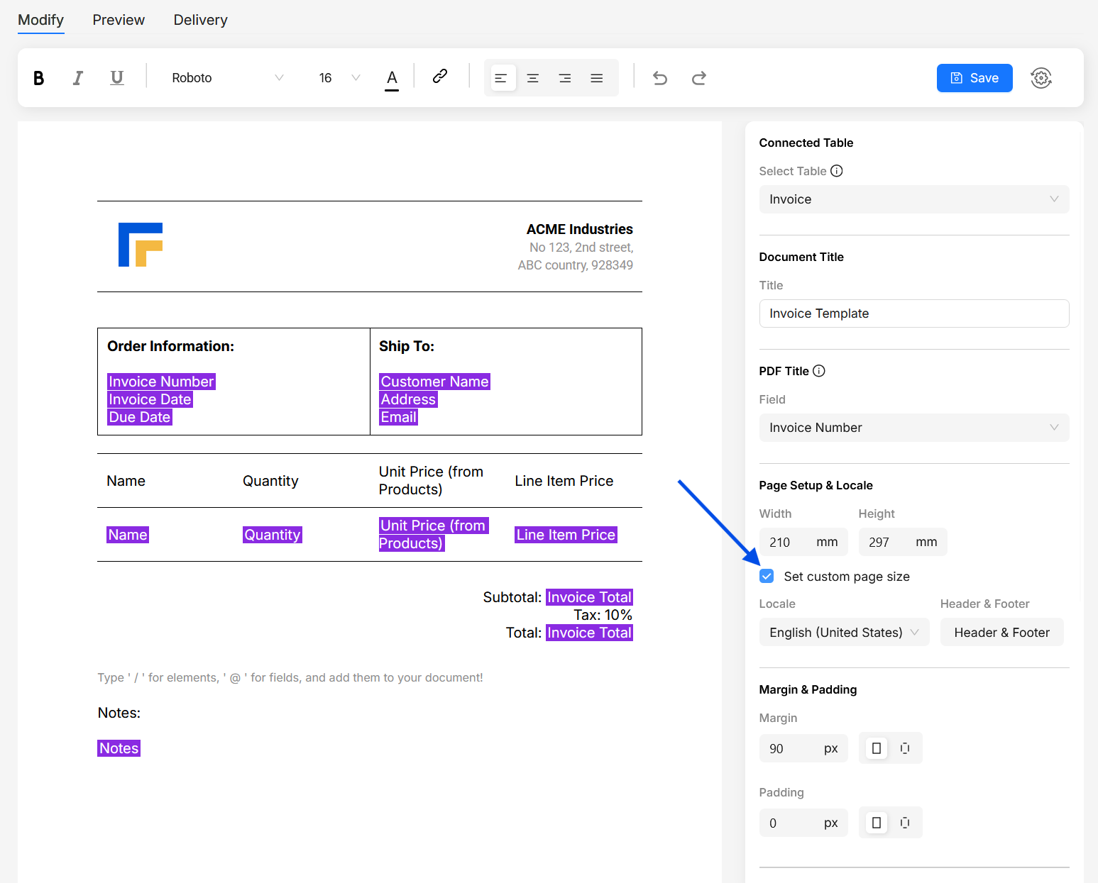 Custom page size image