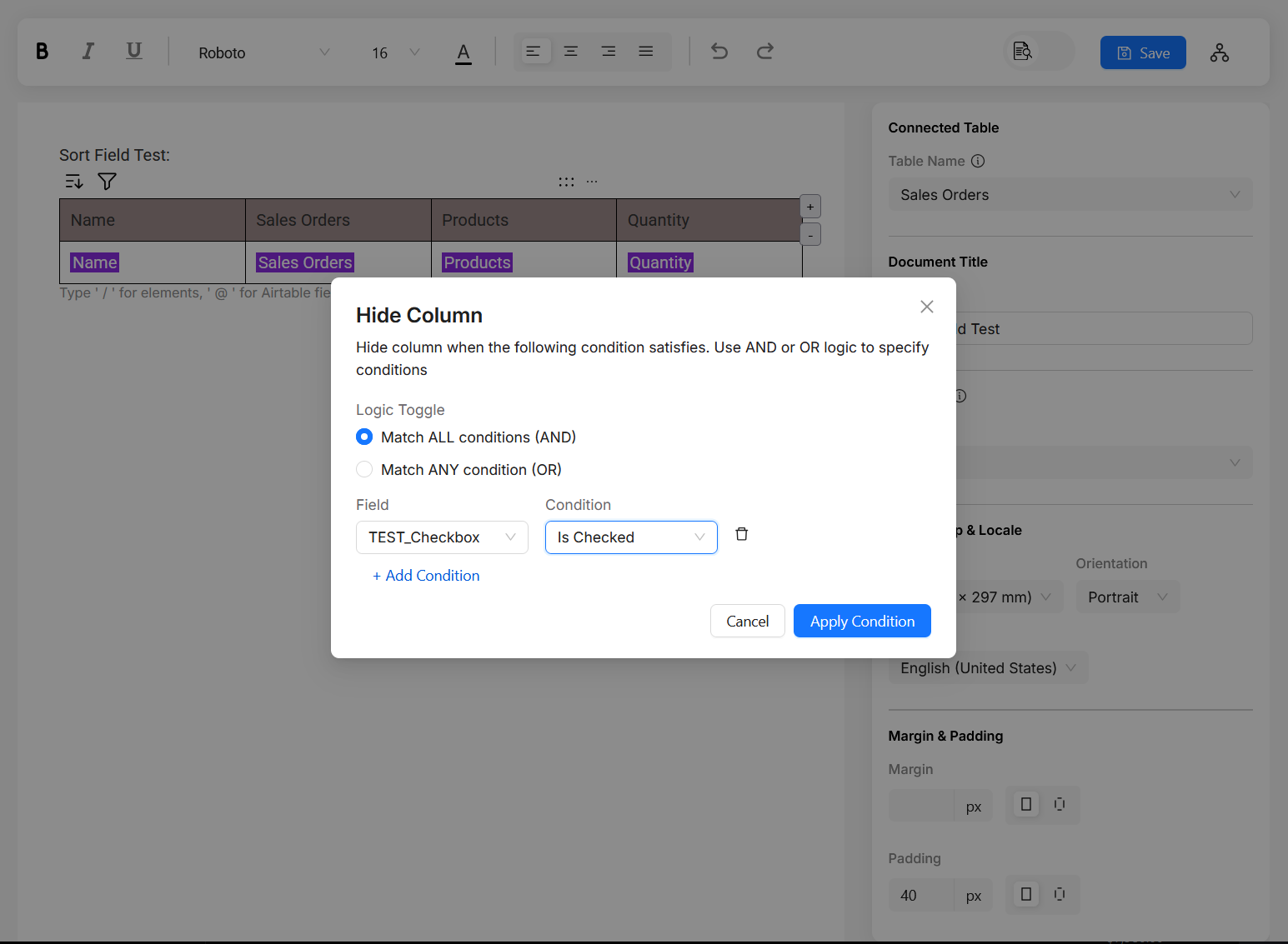hide conditional block setting